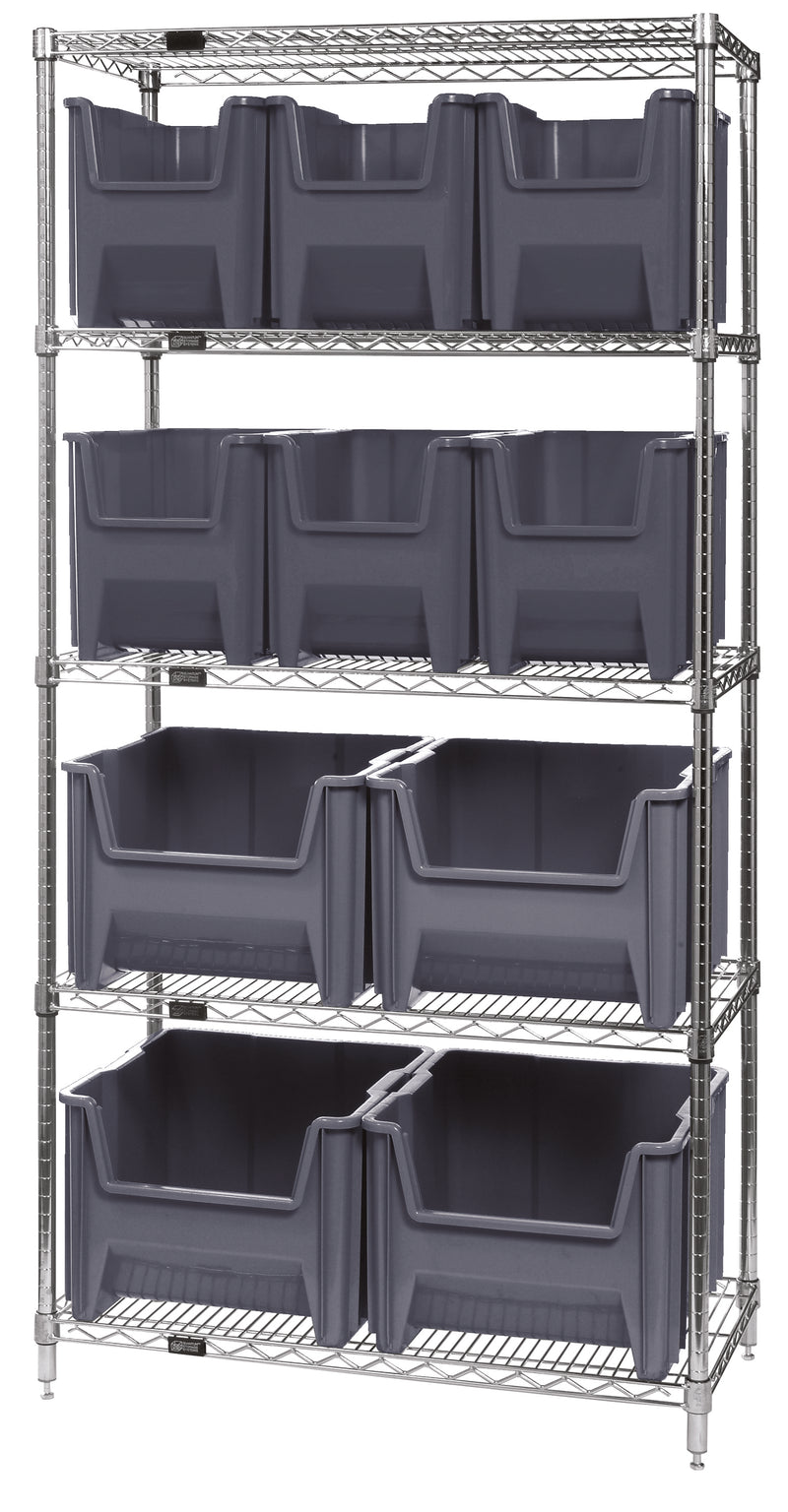 Quantum Giant Stack Wire Shelving with Bins – 36" x 18" x 74" – WR5-600800 – Gray