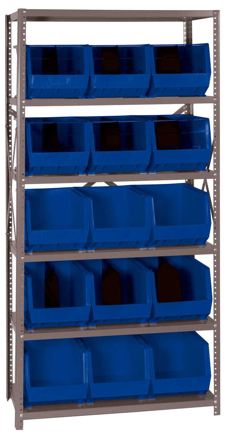Metal shelving unit with blue storage bins on a gray background