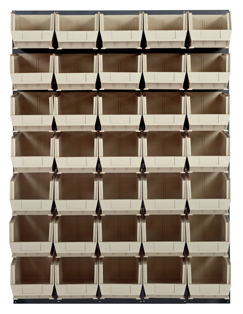 Quantum Louvered Panels with Bins – 48" x 61" – Gray – 35 QUS240 Bins – Ivory