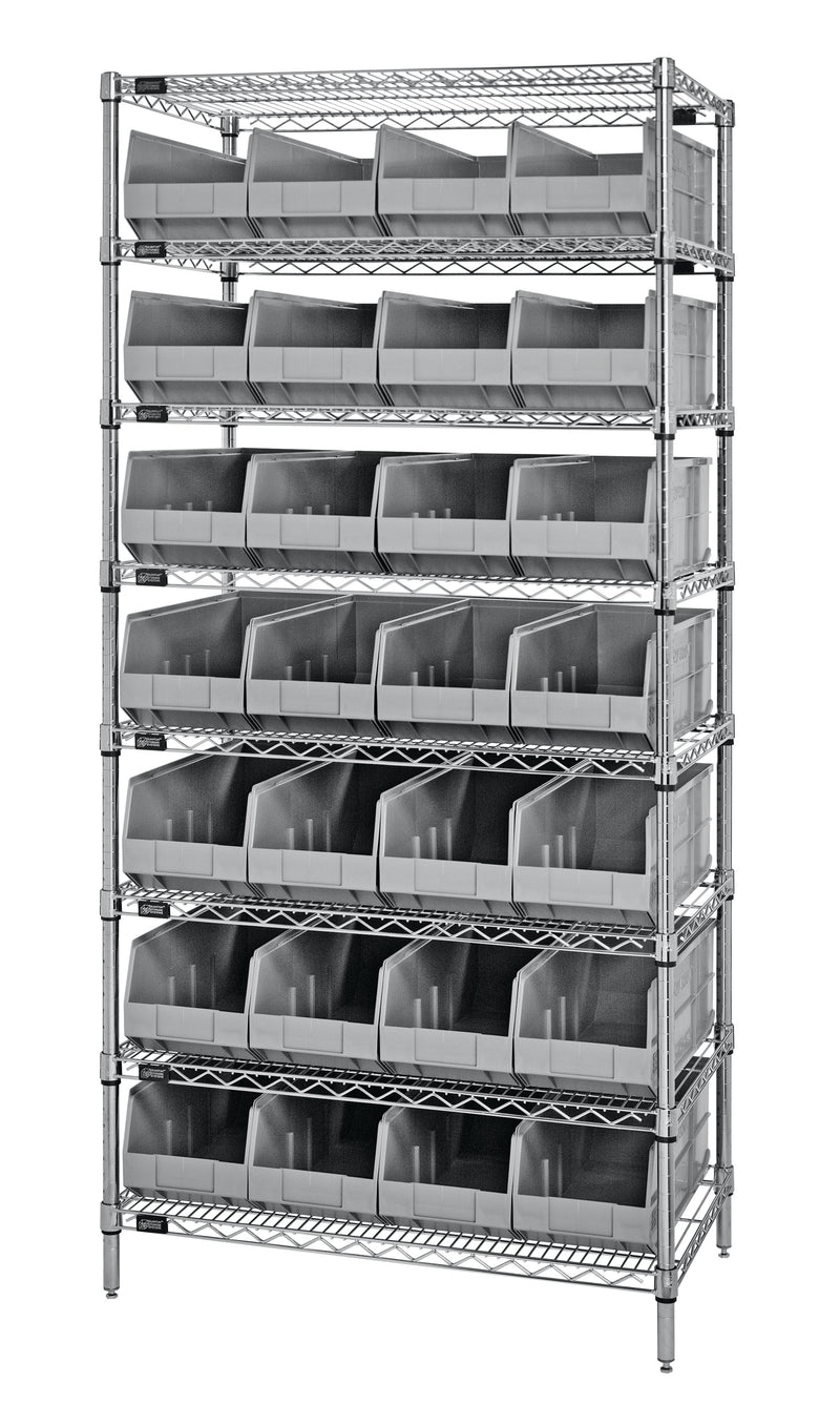 Quantum Wire Shelving with Stackable Shelf Bins – 21" x 36" x 74" – WR8-483 – Gray
