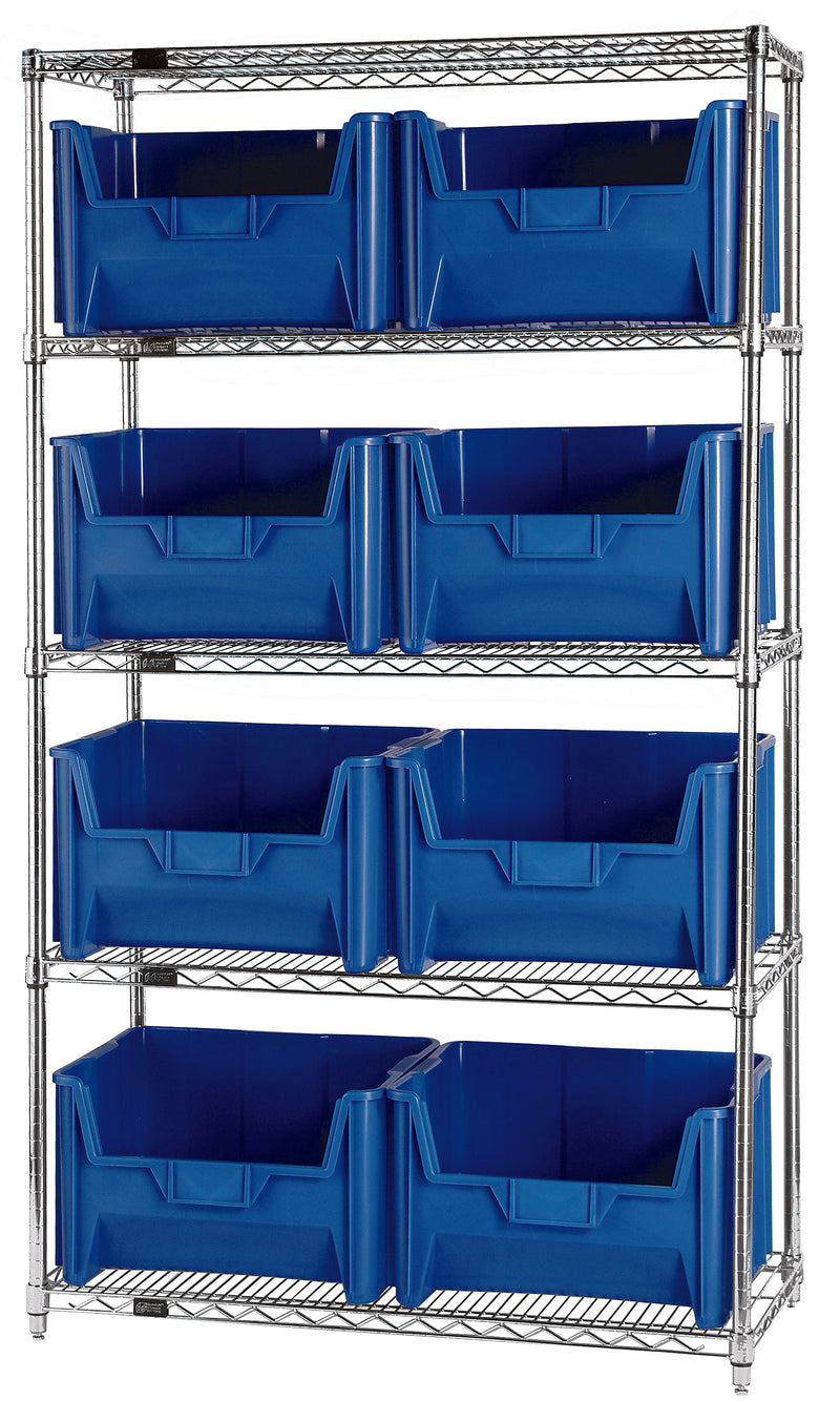 Quantum Giant Stack Wire Shelving with Bins – 42" x 18" x 74" – WR5-700 – Blue