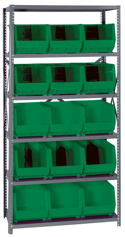 Metal shelving unit with green storage bins on a gray background