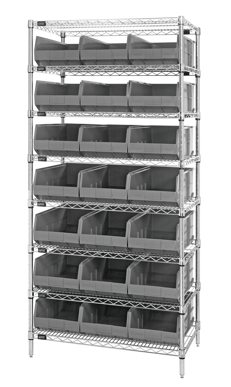 Quantum Wire Shelving with Stackable Shelf Bins – 21" x 36" x 74" – WR8-485 – Gray