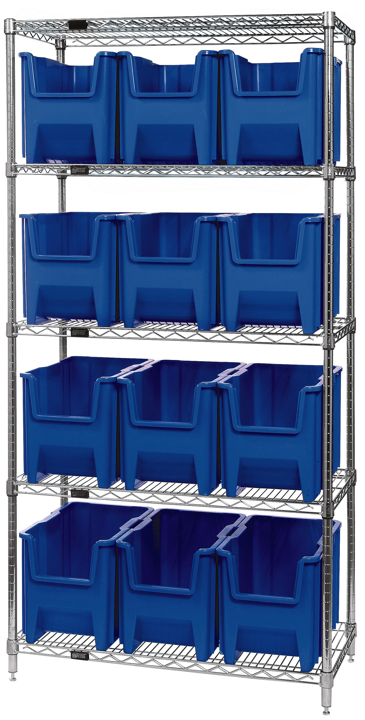 Quantum Giant Stack Wire Shelving with Bins – 36" x 18" x 74" – WR5-600 – Blue