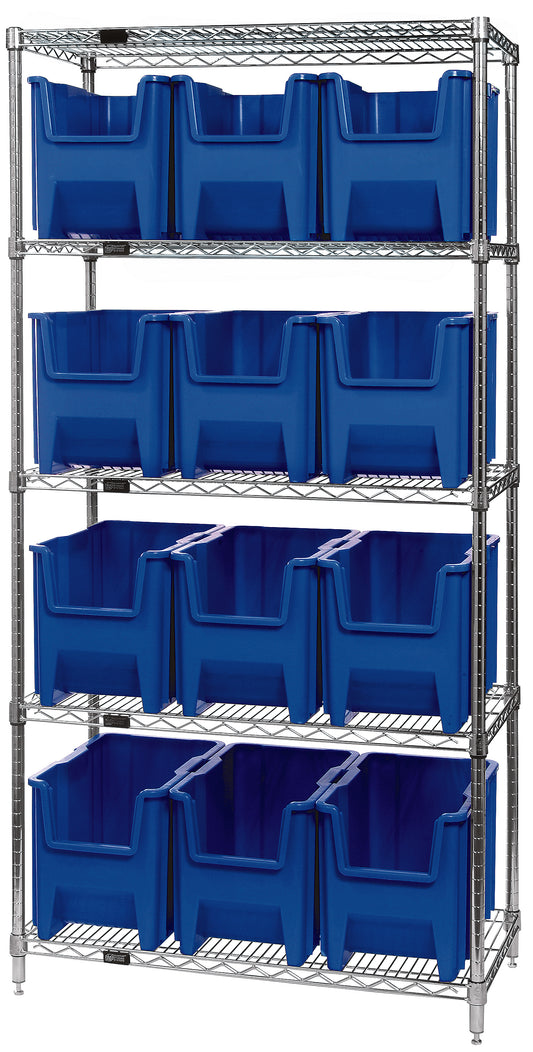 Quantum Giant Stack Wire Shelving with Bins – 36" x 18" x 74" – WR5-600 – Blue