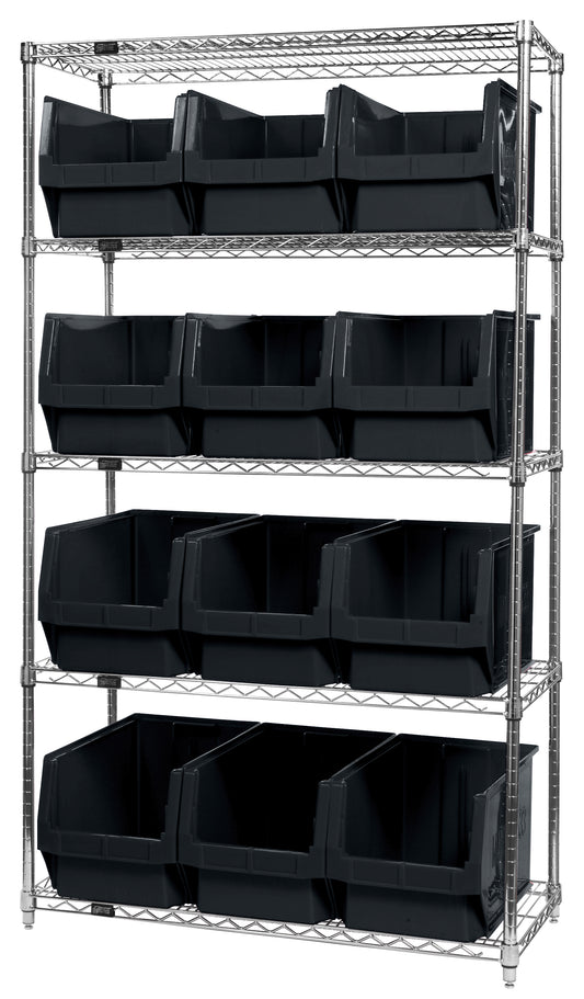 Quantum Magnum Wire Shelving Systems with Bins – 42" x 18" x 74" – WR5-533 – Black