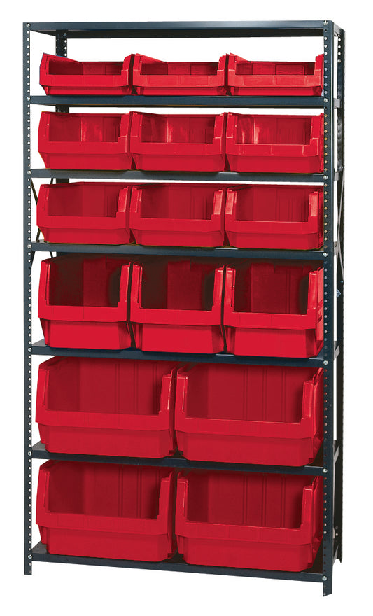 Quantum Magnum Steel Shelving Systems with Bins – 18" x 42" x 75" – MSU-16-MIX – Red