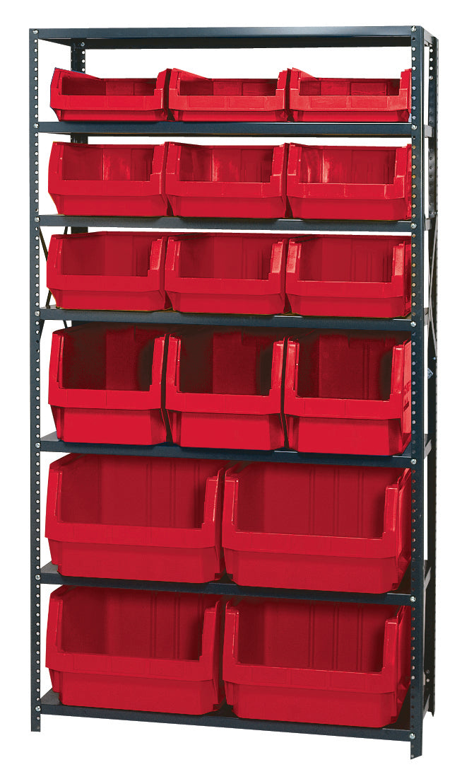 Quantum Magnum Steel Shelving Systems with Bins – 18" x 42" x 75" – MSU-16-MIX – Red
