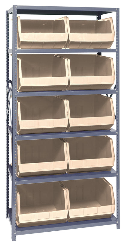 Storage rack with beige bins on a blue metal frame