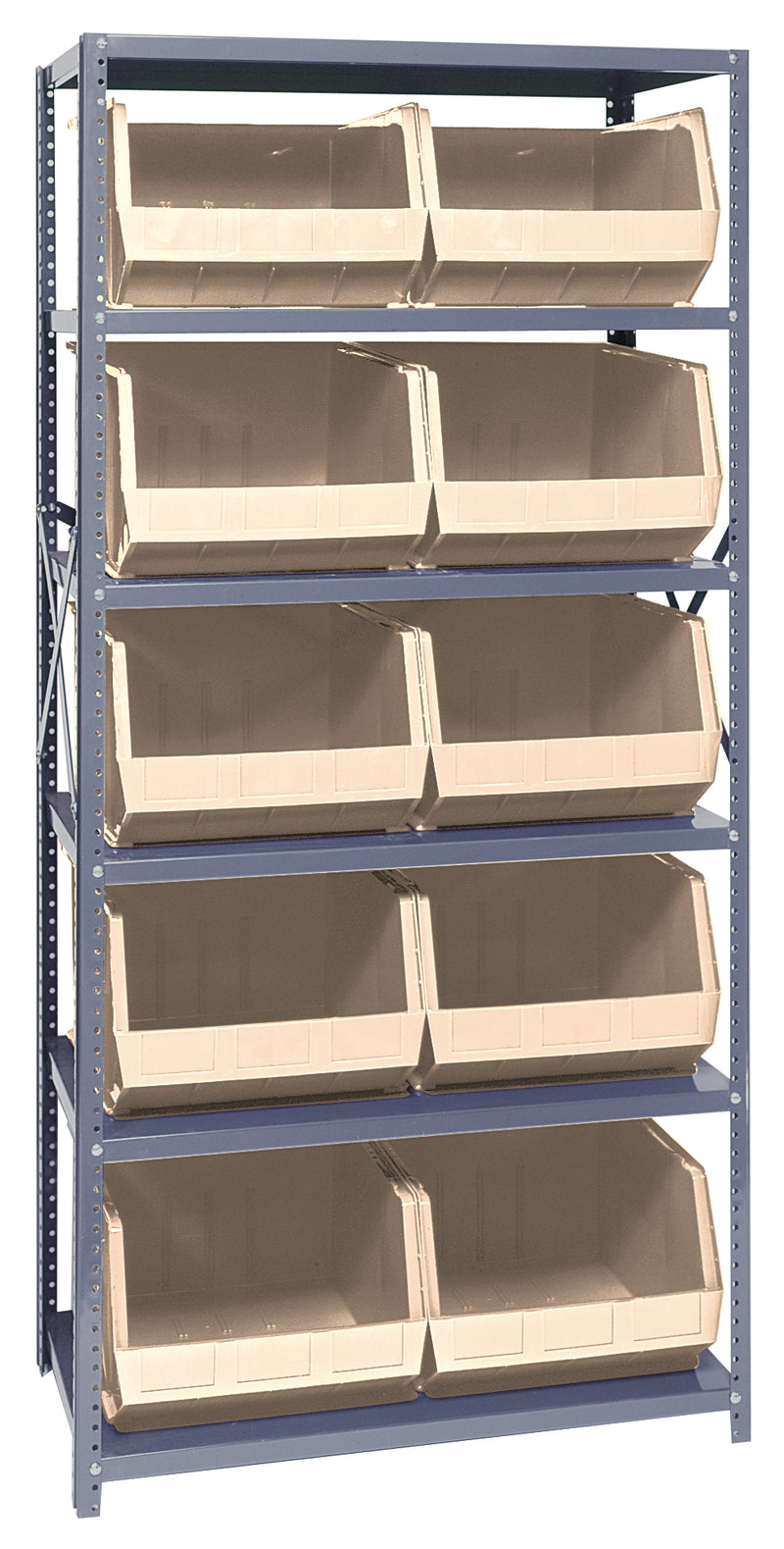 Storage rack with beige bins on a blue metal frame