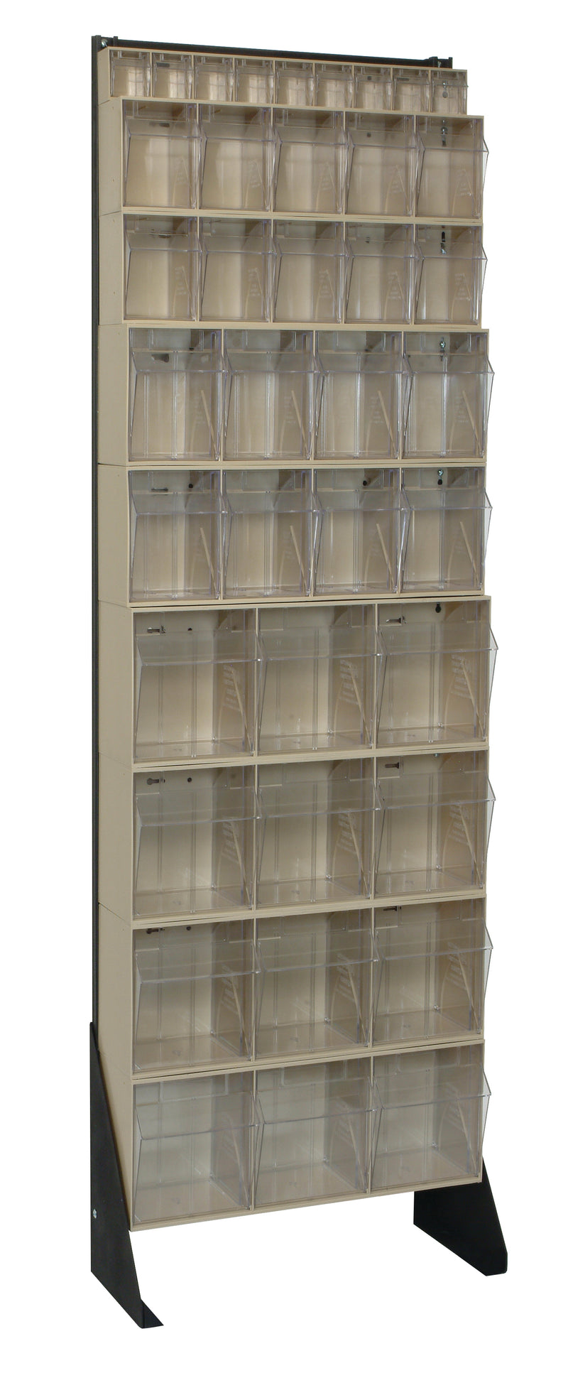 Tall shelving unit with multiple compartments on a white background