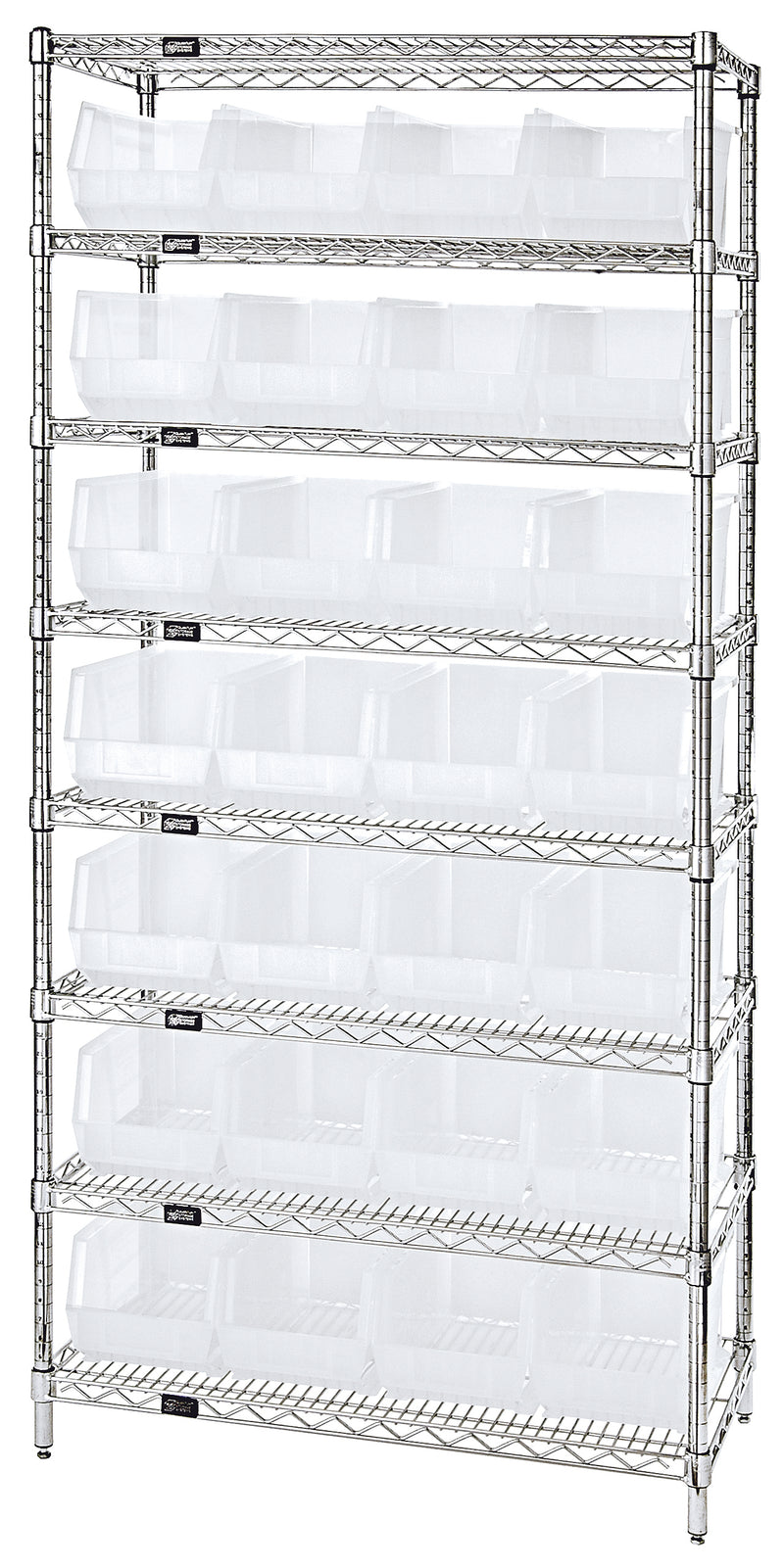 Quantum Clear-View Wire Shelving with Clear Bins – 14" x 36" x 74" – WR8-240CL – Clear