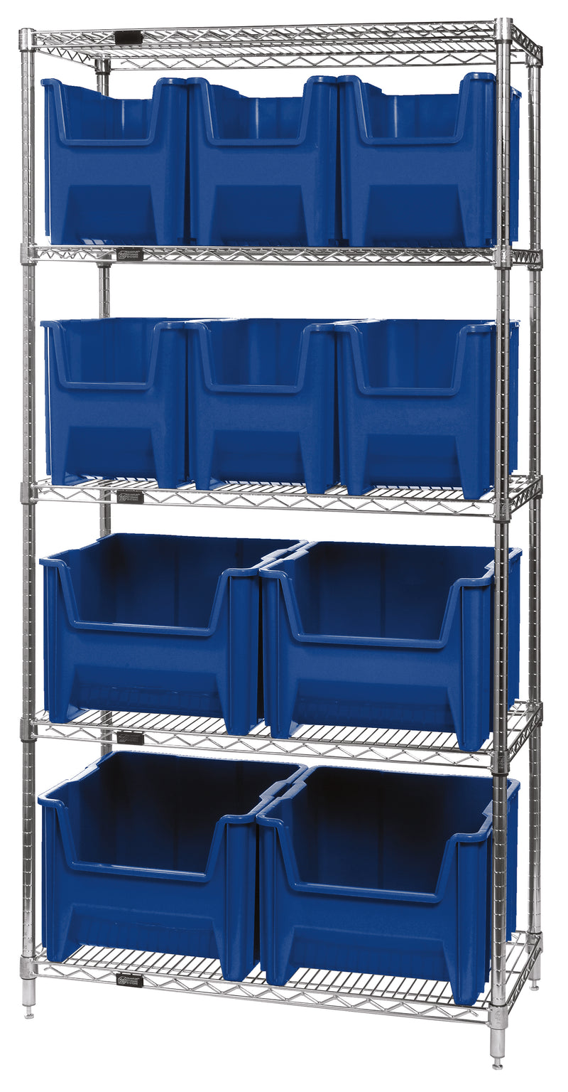 Quantum Giant Stack Wire Shelving with Bins – 36" x 18" x 74" – WR5-600800 – Blue