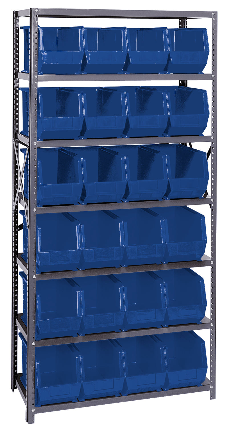 Metal shelving unit with blue storage bins