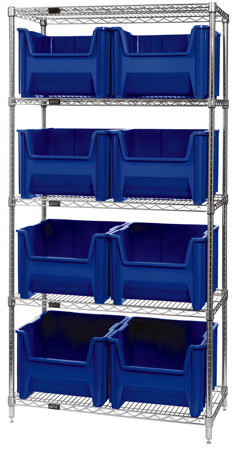 Quantum Giant Stack Wire Shelving with Bins – 36" x 18" x 74" – WR5-800 – Blue