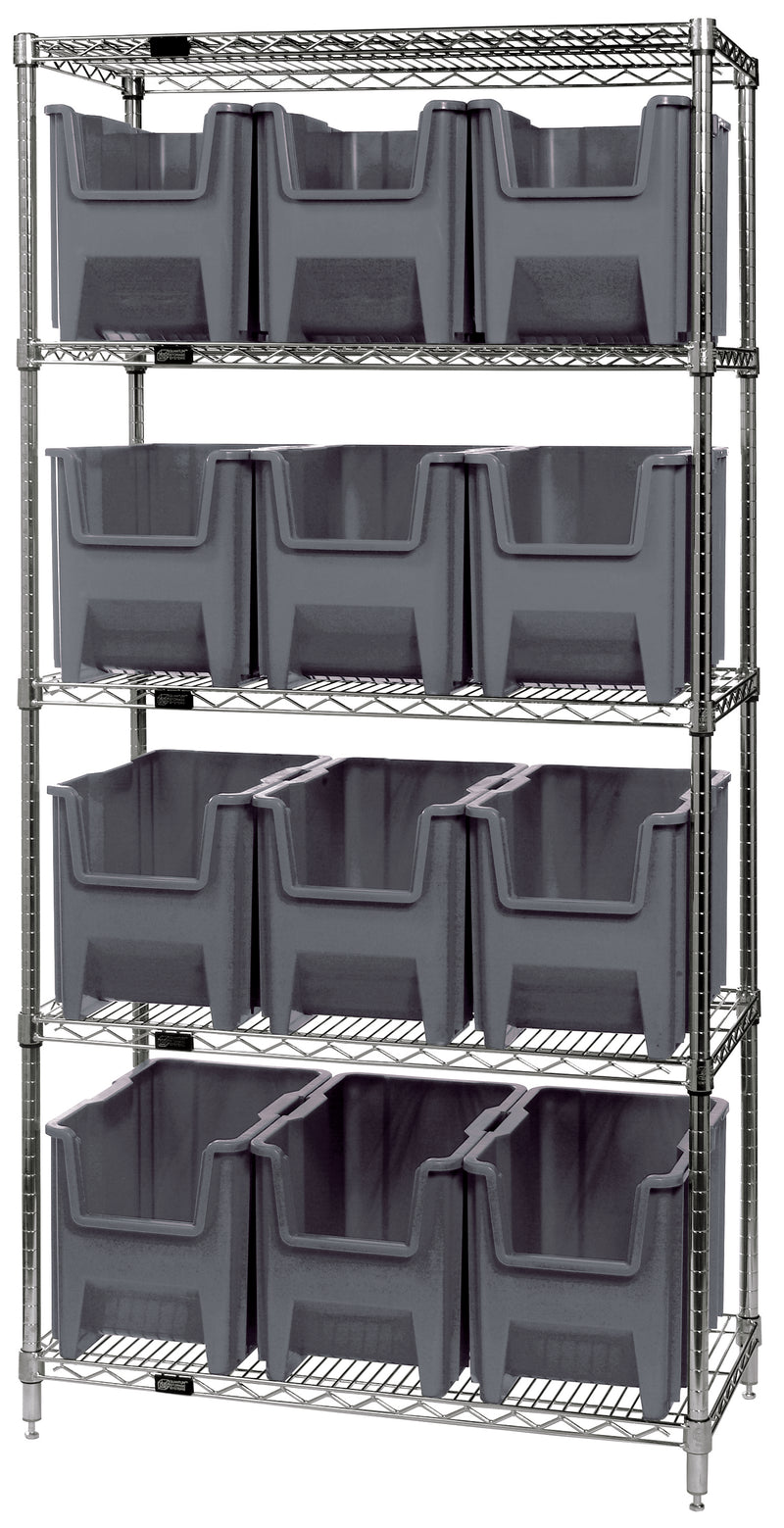 Quantum Giant Stack Wire Shelving with Bins – 36" x 18" x 74" – WR5-600 – Gray