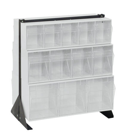 Clear display case with multiple shelves on a white background