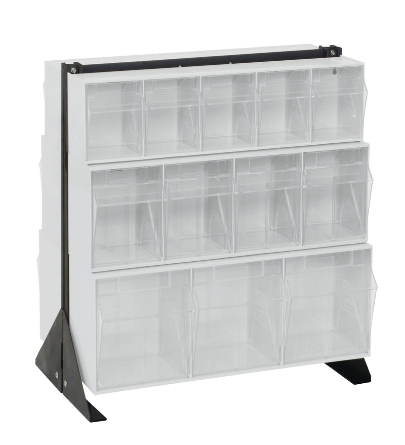 Clear display case with multiple shelves on a white background