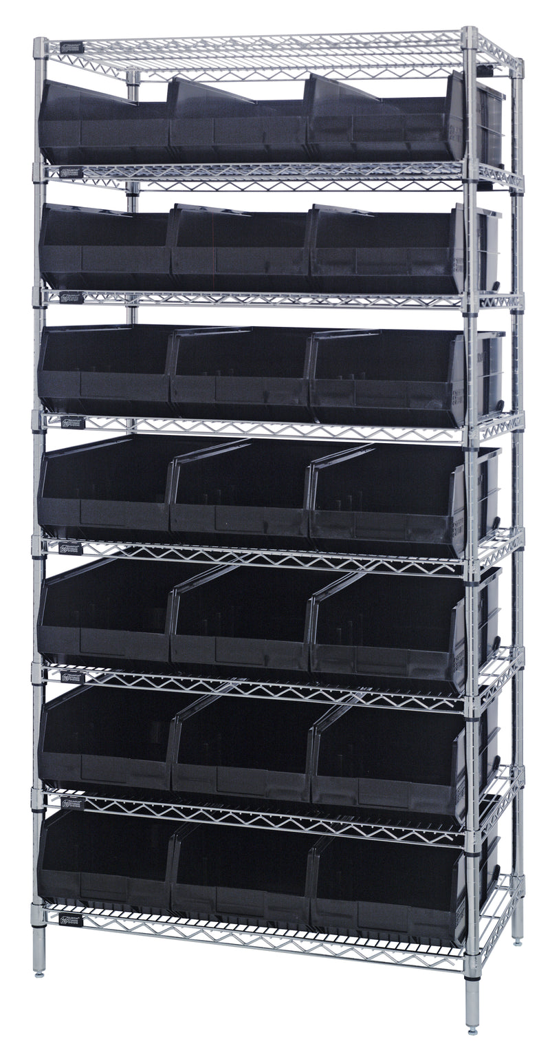 Quantum Wire Shelving with Stackable Shelf Bins – 12" x 36" x 75" – WR8-425 – Black
