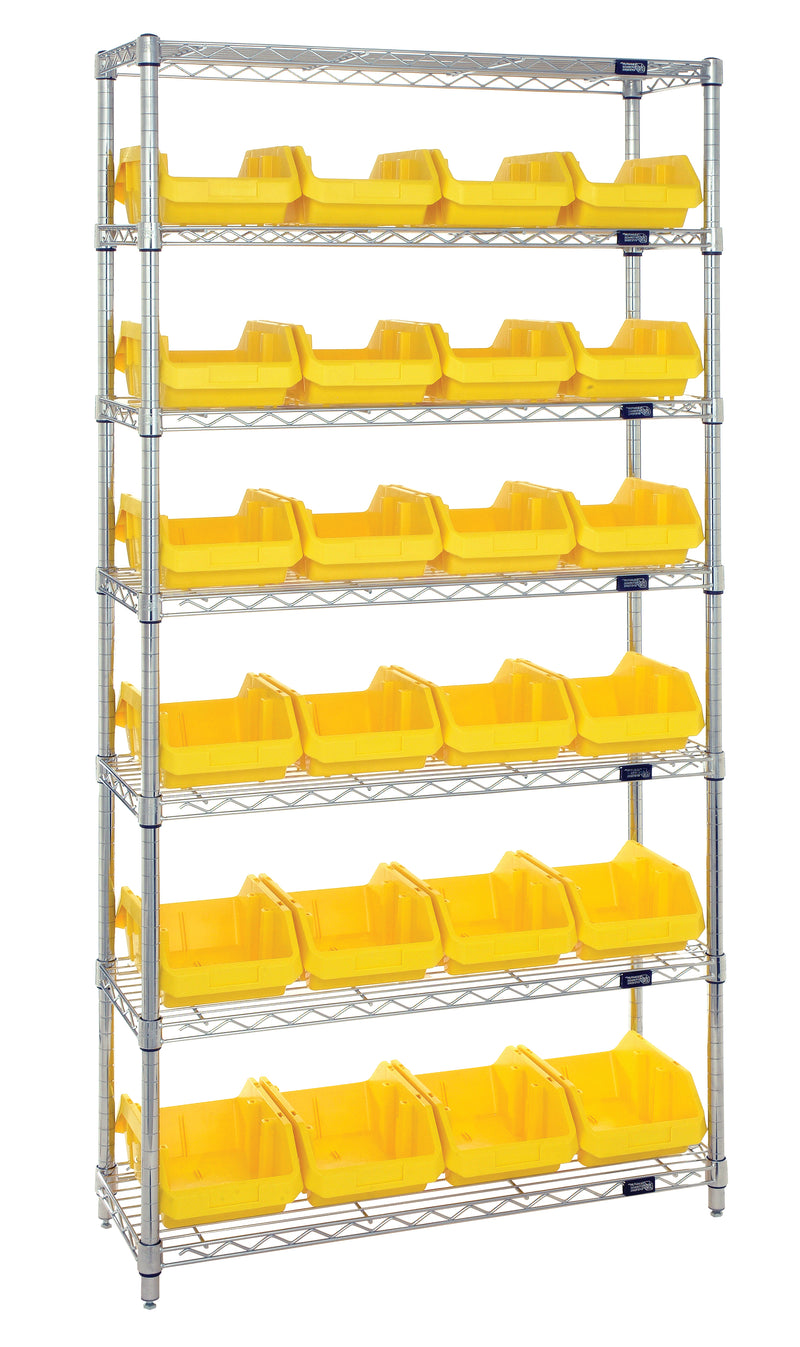 Quantum QuickPick Heavy-Duty Wire Shelving with QuickPick Bins – Complete Package – 36" x 18" x 74" – W7-12-24 to W7-18-24 – W7-18-24 – Yellow