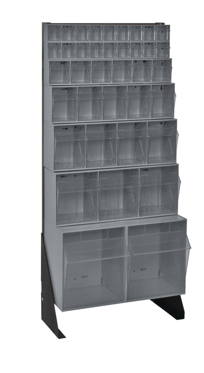 Tall metal shelving unit with multiple compartments on a white background