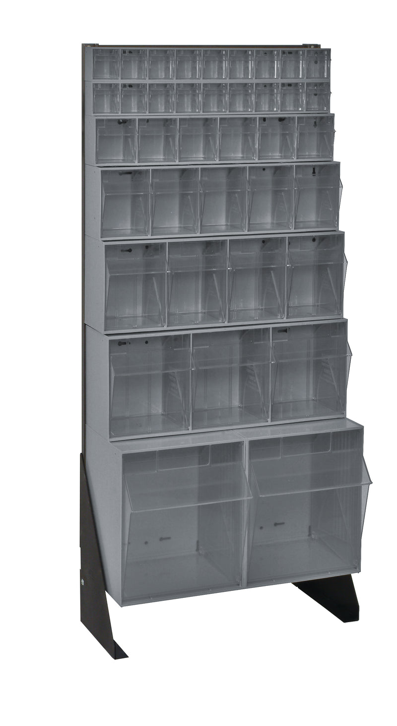 Tall metal shelving unit with multiple compartments on a white background