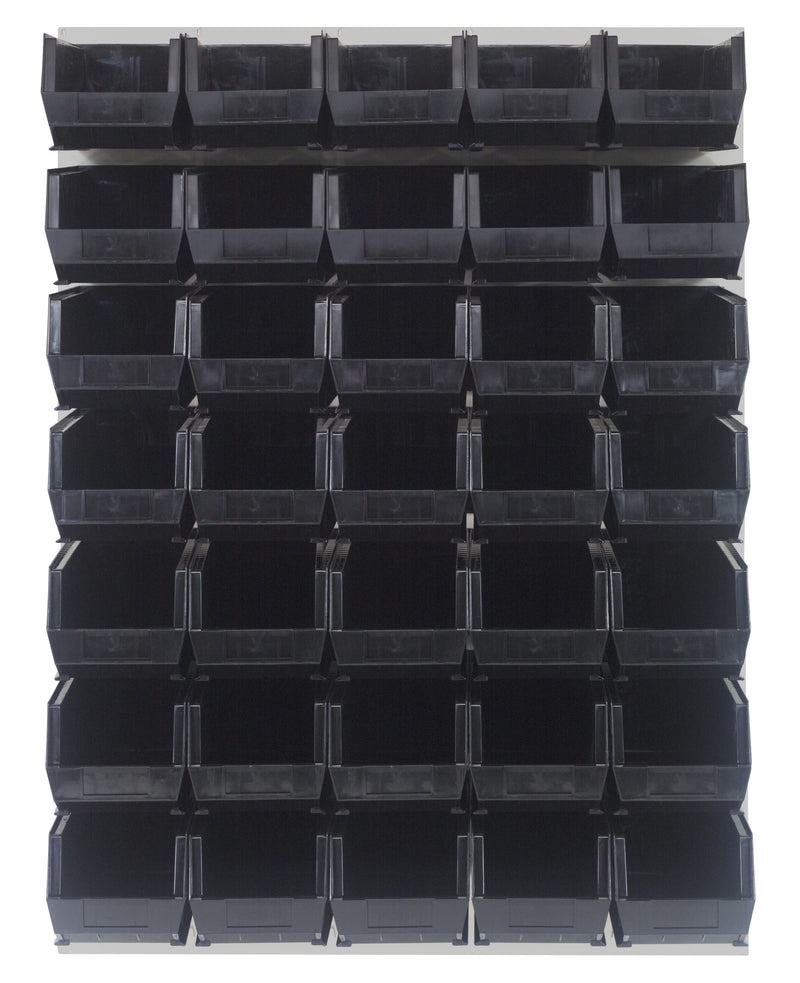 Quantum Louvered Panels with Bins – 48" x 61" – Oyster White – 35 QUS240 Bins – Black