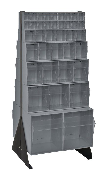 Stackable storage bins on a stand with multiple compartments.