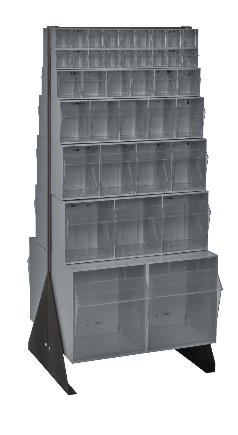 Stackable storage bins on a stand with multiple compartments.