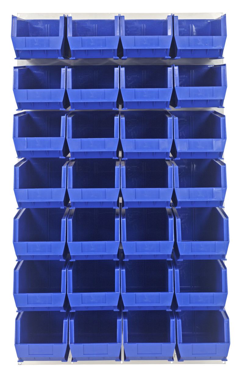 Quantum Louvered Panels with Bins – 36" x 61" – Oyster White – 28 QUS240 Bins – Blue
