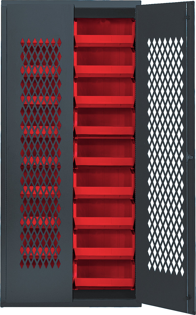 Quantum Storage Cabinets with Bins – 18" x 36" x 78" – MESH Series – MESH-250 – Red