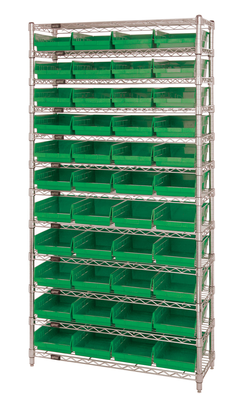 Quantum Economy 4" Shelf Bin Wire Shelving Systems with Bins – 24" x 36" x 74" – WR12-114 – Green