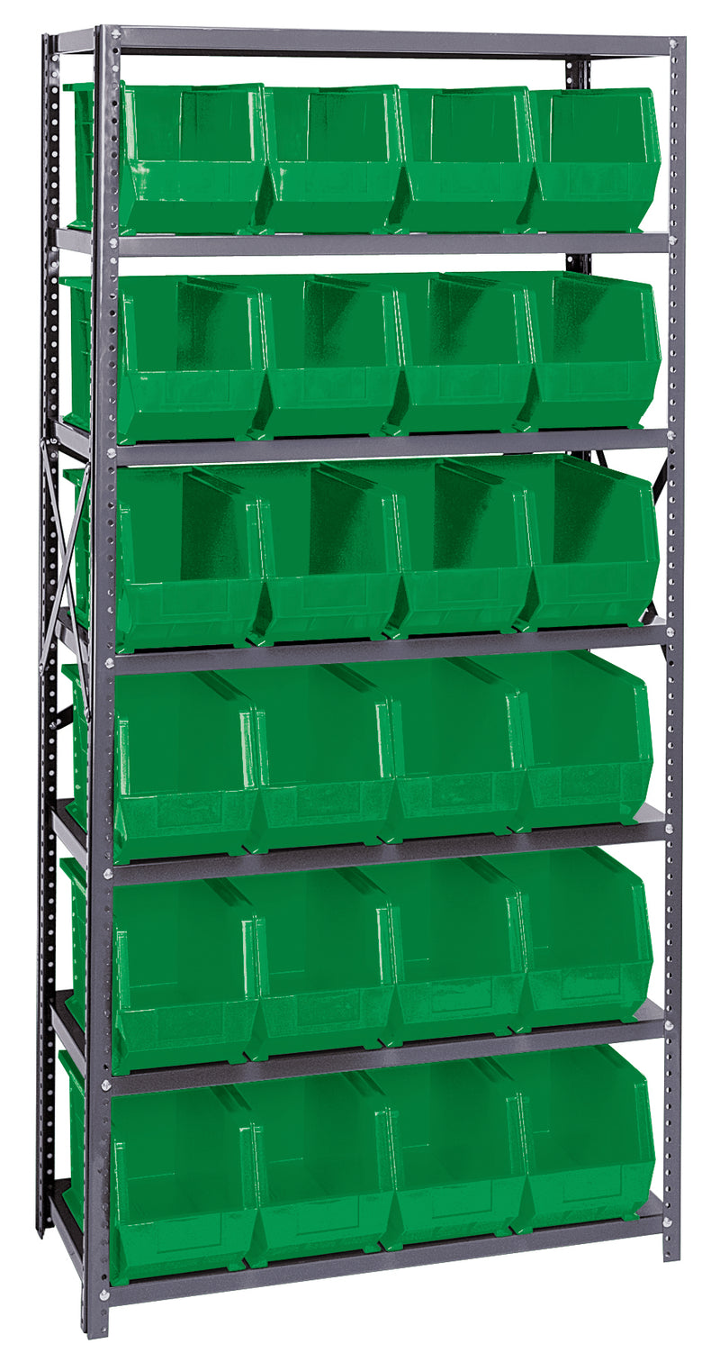 Storage rack with green bins on a white background