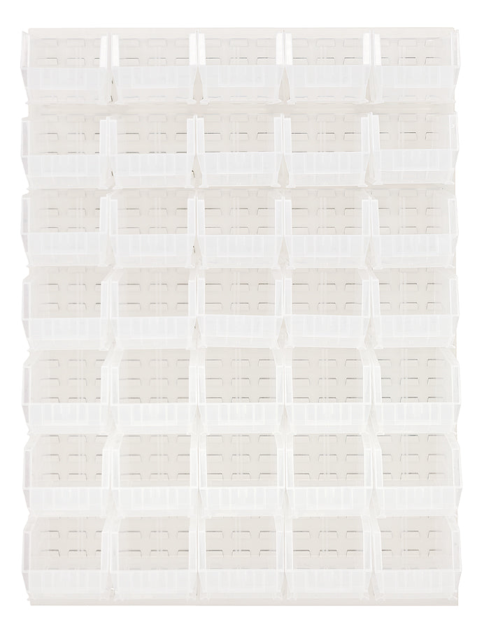 Quantum Louvered Panels with Bins – 48" x 61" – Oyster White – 35 QUS240 Bins – Clear