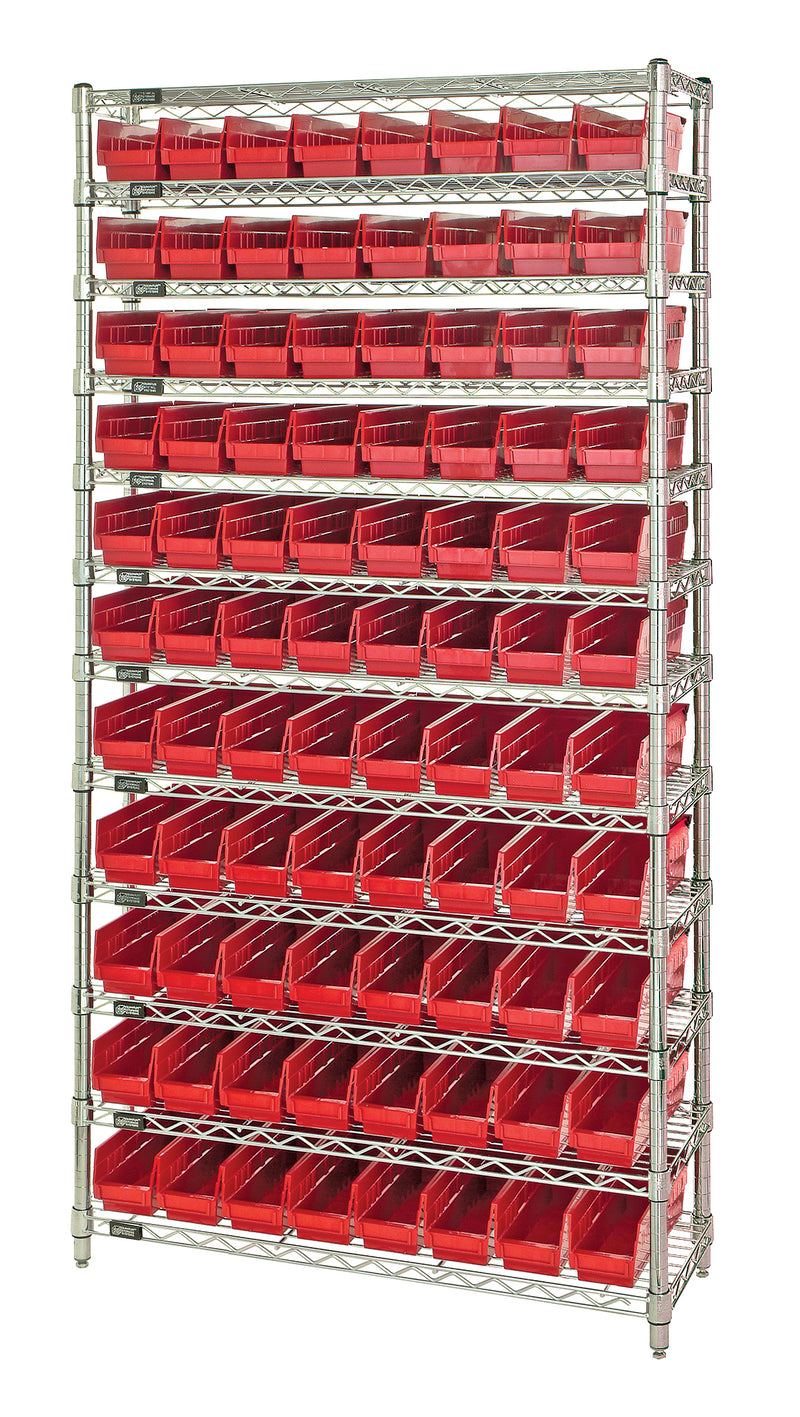 Quantum Economy 4" Shelf Bin Wire Shelving Systems with Bins – 24" x 36" x 74" – WR12-105 – Red