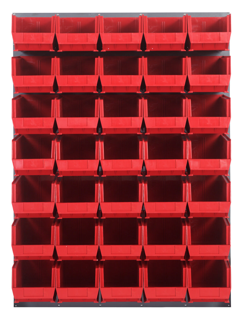 Quantum Louvered Panels with Bins – 48" x 61" – Gray – 35 QUS240 Bins – Red