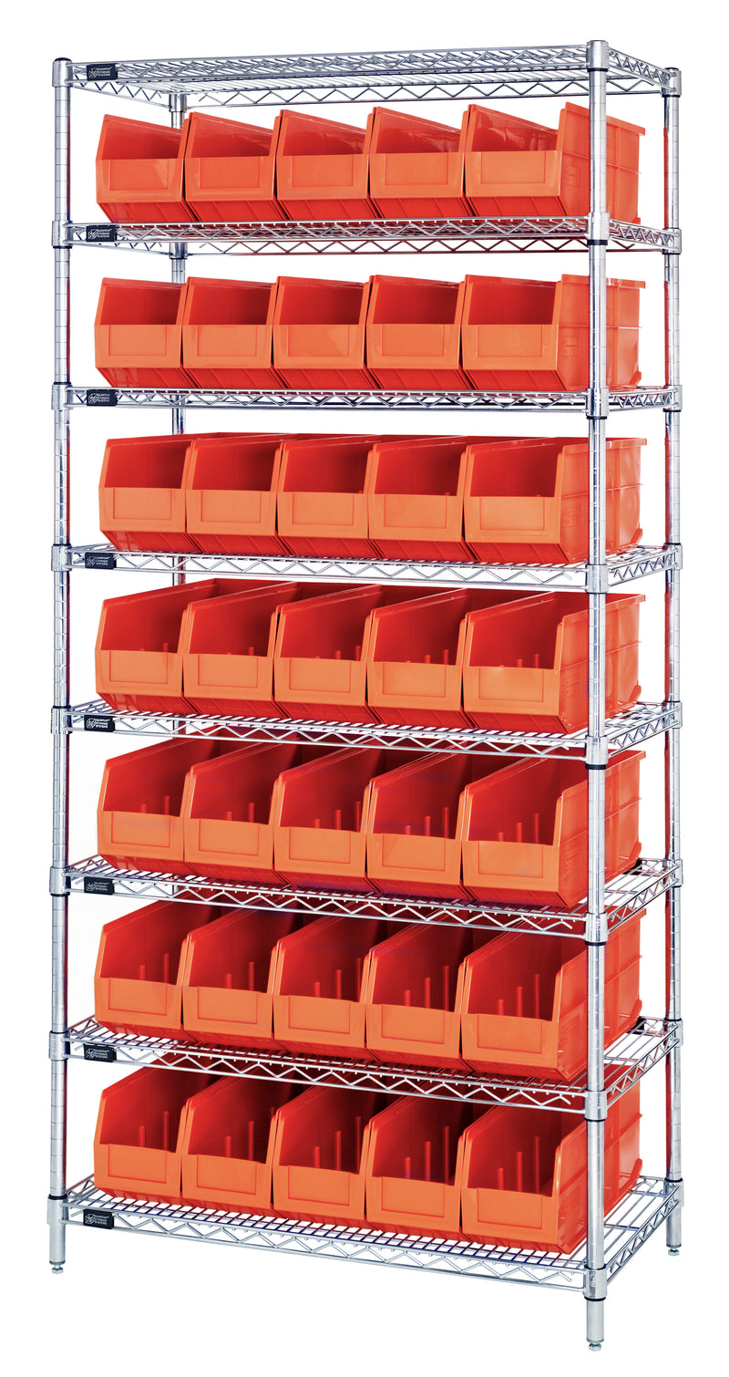 Quantum Wire Shelving with Stackable Shelf Bins – 14" x 36" x 74" – WR8-441 – Orange