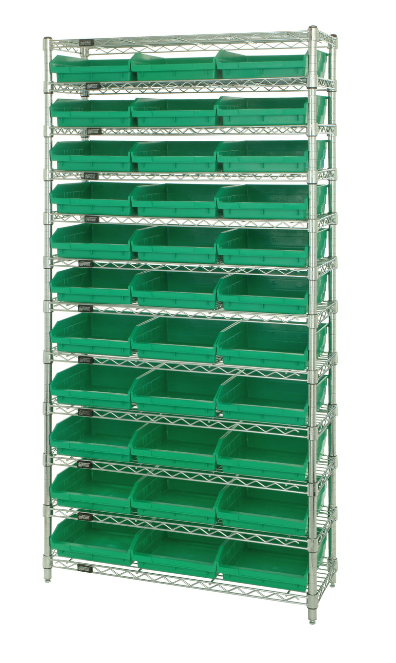 Quantum Economy 4" Shelf Bin Wire Shelving Systems with Bins – 18" x 36" x 74" – WR12-110 – Green
