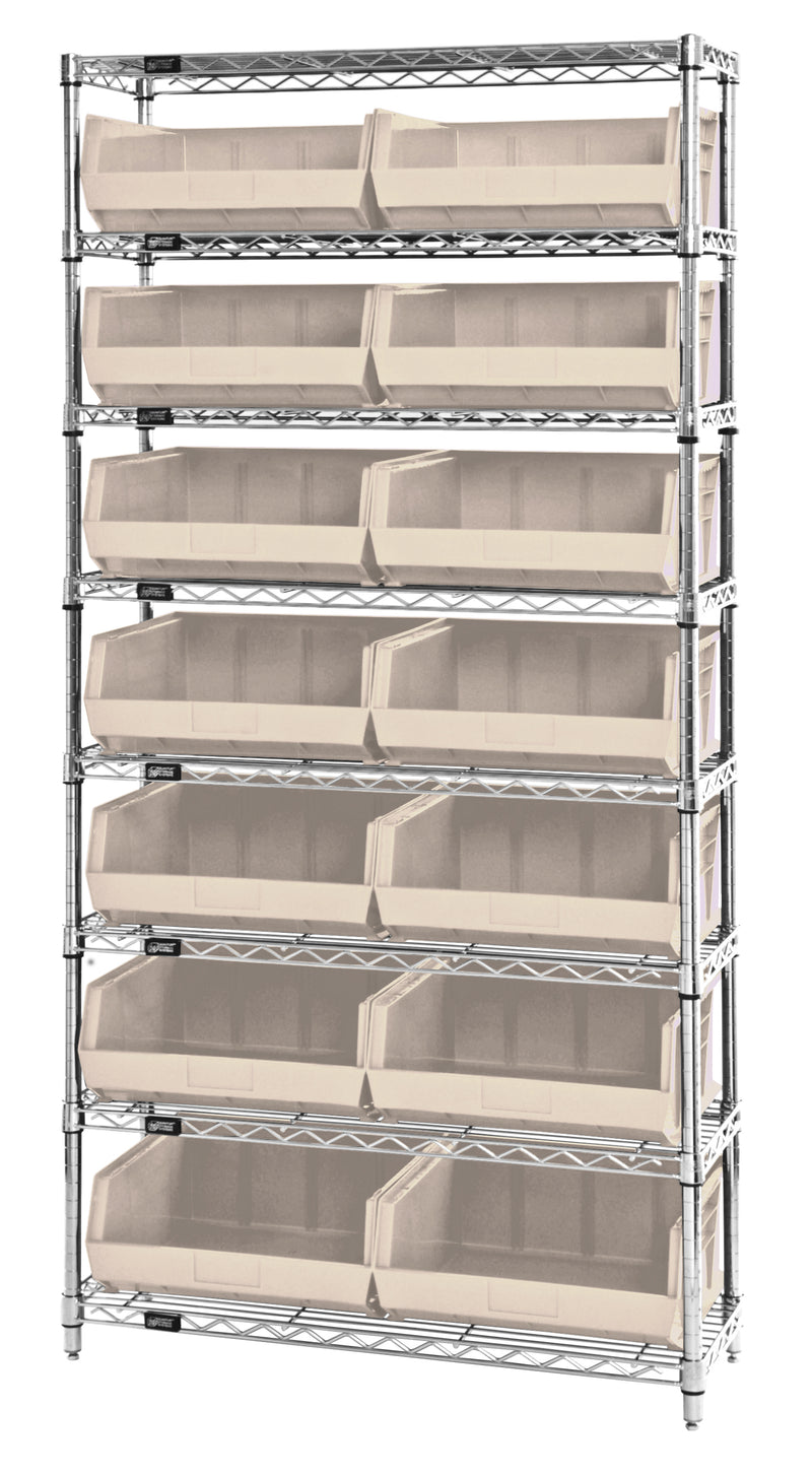 Quantum Stack & Hang Wire Shelving with Bins – 36" x 14" x 74" – WR8-250 – Ivory