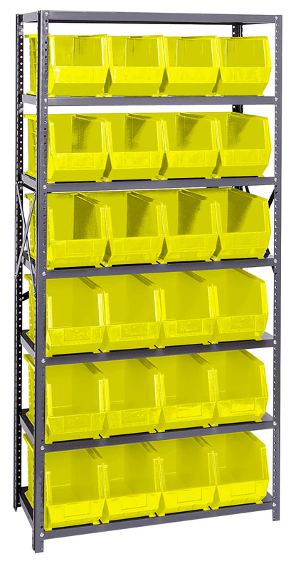Storage rack with yellow bins on a white background