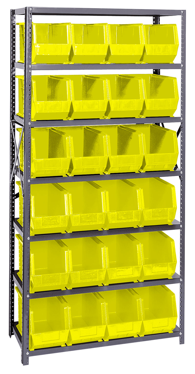 Storage rack with yellow bins on a white background