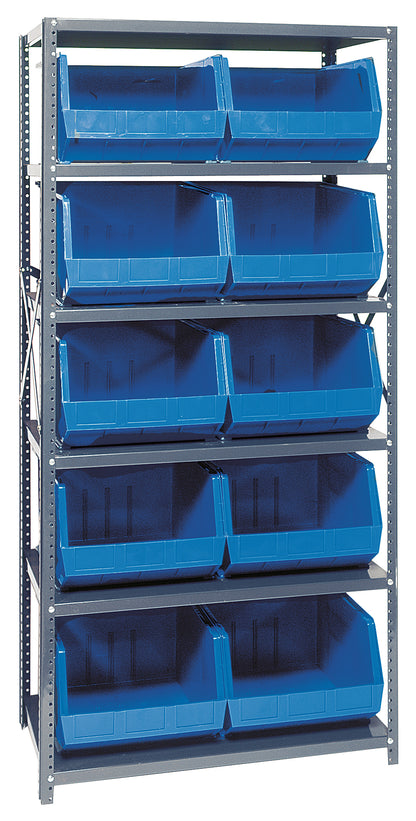 Metal shelving unit with blue storage bins on a gray background