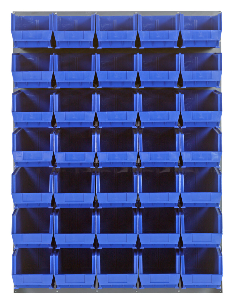 Quantum Louvered Panels with Bins – 48" x 61" – Gray – 35 QUS240 Bins – Blue
