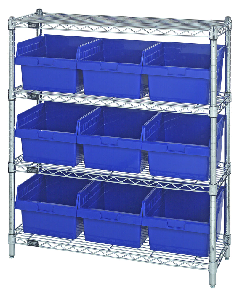 Quantum Store-Max 8" Shelf Bin Wire Shelving Systems with Bins – WR4-39-1236-801 to WR8-802 – WR4-39-1236-809 – Blue