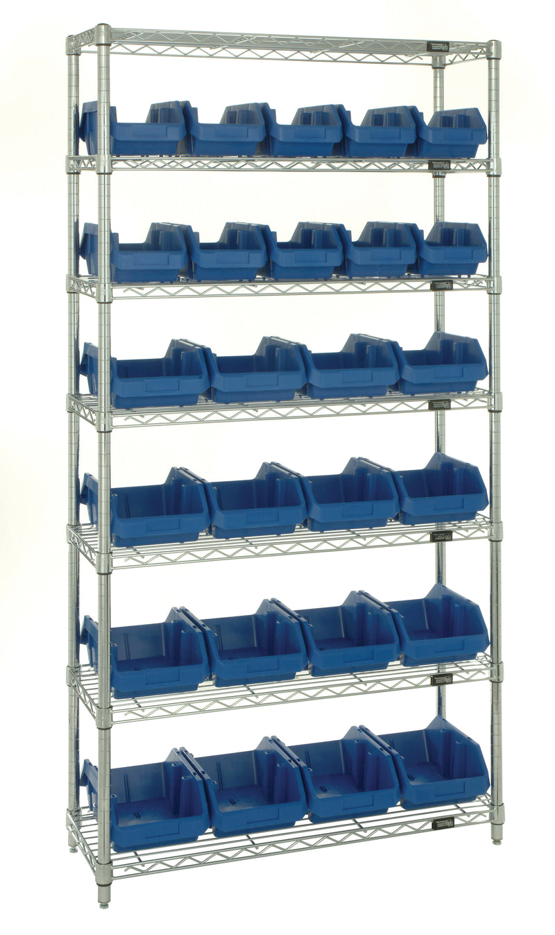 Quantum QuickPick Heavy-Duty Wire Shelving with QuickPick Bins – Complete Package – 36" x 18" x 74" – W7-12-24 to W7-18-24 – W7-12-26 – Blue