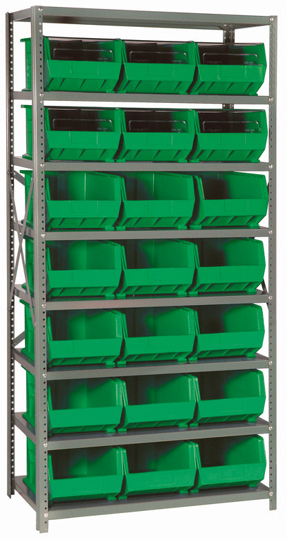 Metal shelving unit with green storage bins on a gray background