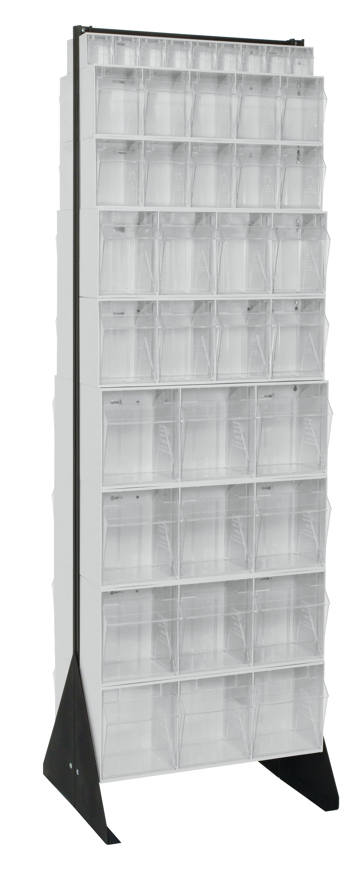 Tall display rack with multiple shelves on a white background
