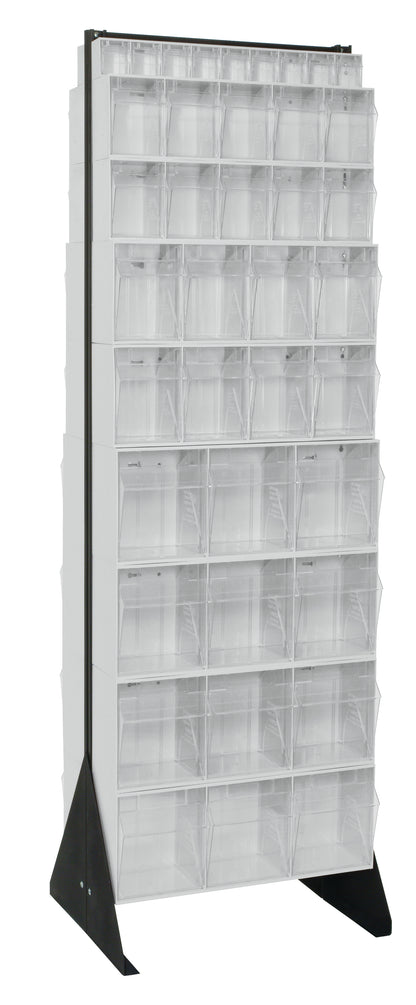 Tall display rack with multiple shelves on a white background