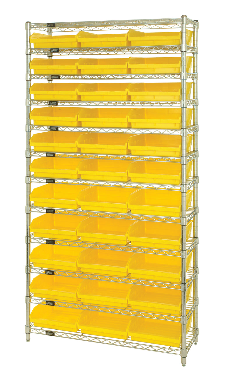 Quantum Economy 4" Shelf Bin Wire Shelving Systems with Bins – 12" x 36" x 74" – WR12-109 – Yellow