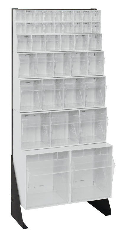 Tall display rack with multiple shelves on a white background